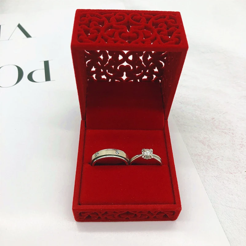 1Pc Hollow Red Velvet Ring Box Couple Double Ring Jewelry Display Case Holder Gift Box for Wedding Organizer Packaging Favor