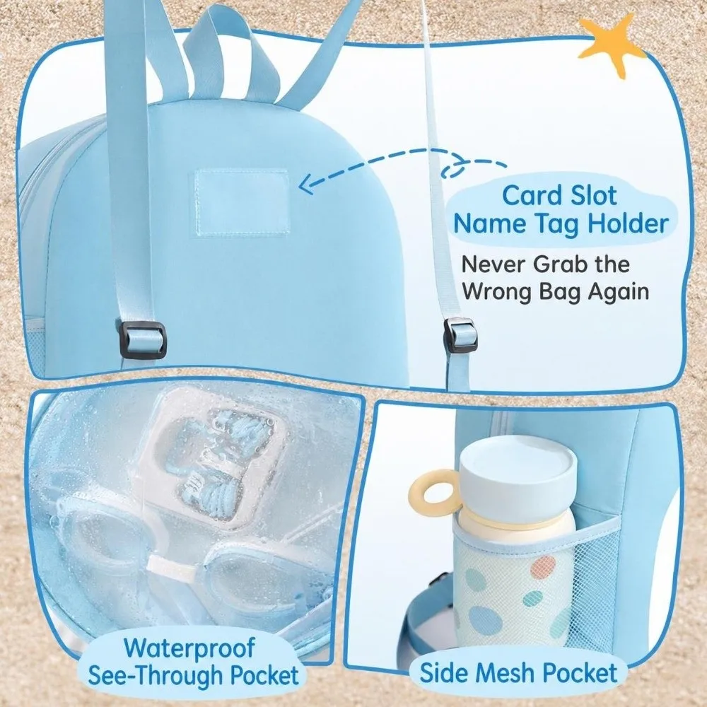 Cartoon Print Swimming Backpack Dry Wet Separation Transparent Window Children Swim Bag Zipper Closure Carry Loop