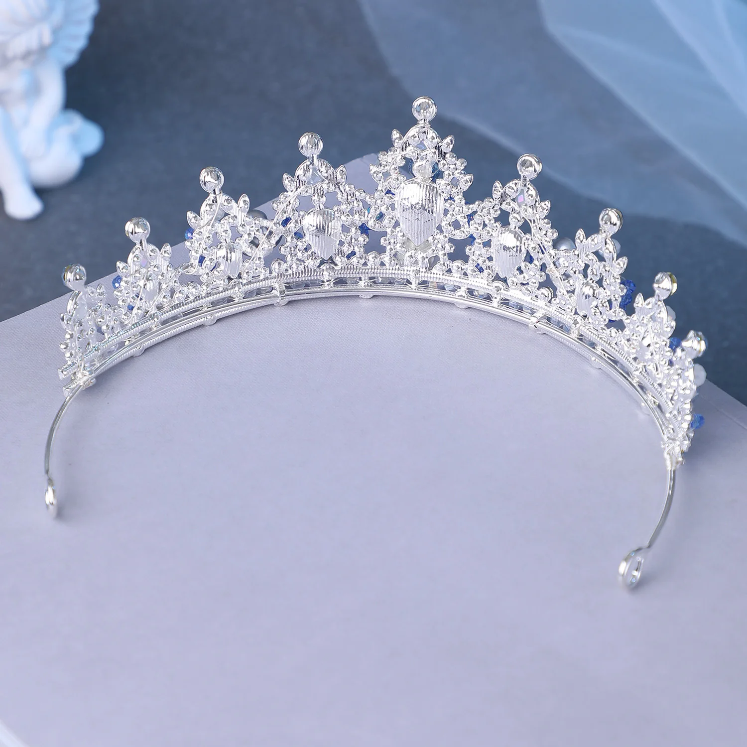 Handmade Blue Protein Crystal Rhinestone Tiaras Crowns Flower Beads Princess Queen Diadem Wedding Hair Accessories