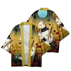 Kimono con estampado de gato Samurái y demonio para hombre y mujer, cárdigan japonés tradicional, Haori, Harajuku, ropa de calle de playa de verano, Yukata