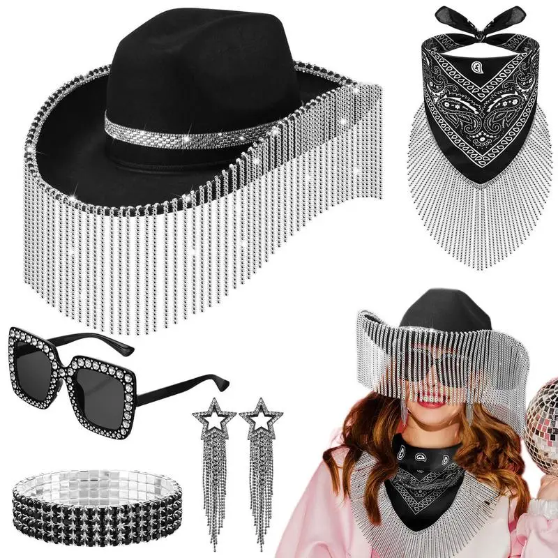 Cowgirl Hat Set Rhinestone Ladies Cowboy Hat Black Cowboy Hat with Bandana Sunglasses & Jewelry Womens Western Hat 5 Pcs