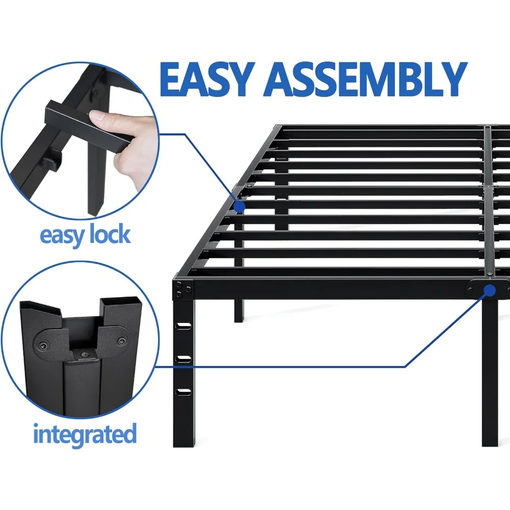 Estructura de cama de metal: cama con plataforma metálica simple y atmosférica, espacio de almacenamiento debajo del