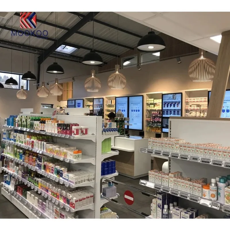 custom.Modern Style Good Quality Pharmacy Shop Display Furniture Drugstore Storage Shelves Metal Wood ISO9001 Certified Freestan