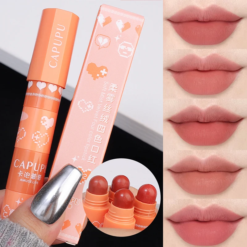 4pc/set Matte Velvet Lipstick Pencil Tint Easy To Color Sexy Solid Lip Gloss Waterproof Non-stick Cup Korean Makeup Cosmetic Kit