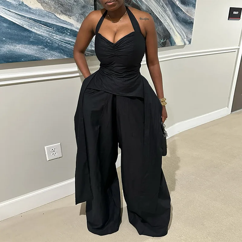 

New sexy neck V-neck irregular sleeveless top trousers set fashionable simple versatile temperament elegant holiday style high-e