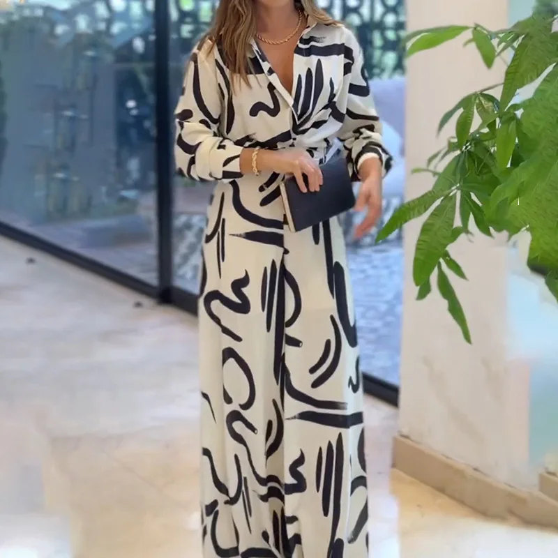 بذلة نسائية أنيقة عالية الخصر مطبوعة ، طية صدر بأكمام طويلة ، ساق واسعة بأزرار ، تنقل للسيدات ، موضة جديدة ، الخريف ،
