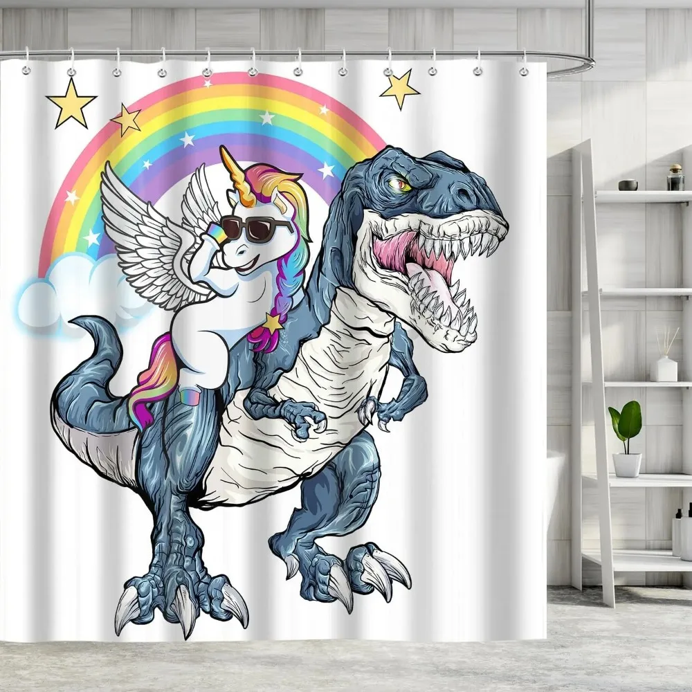 Funny Unicorn Riding Dinosaur Shower Curtain, Cute Cartoon Space Rainbow Galaxy Bathroom Decor, Waterproof Fabric for Kids