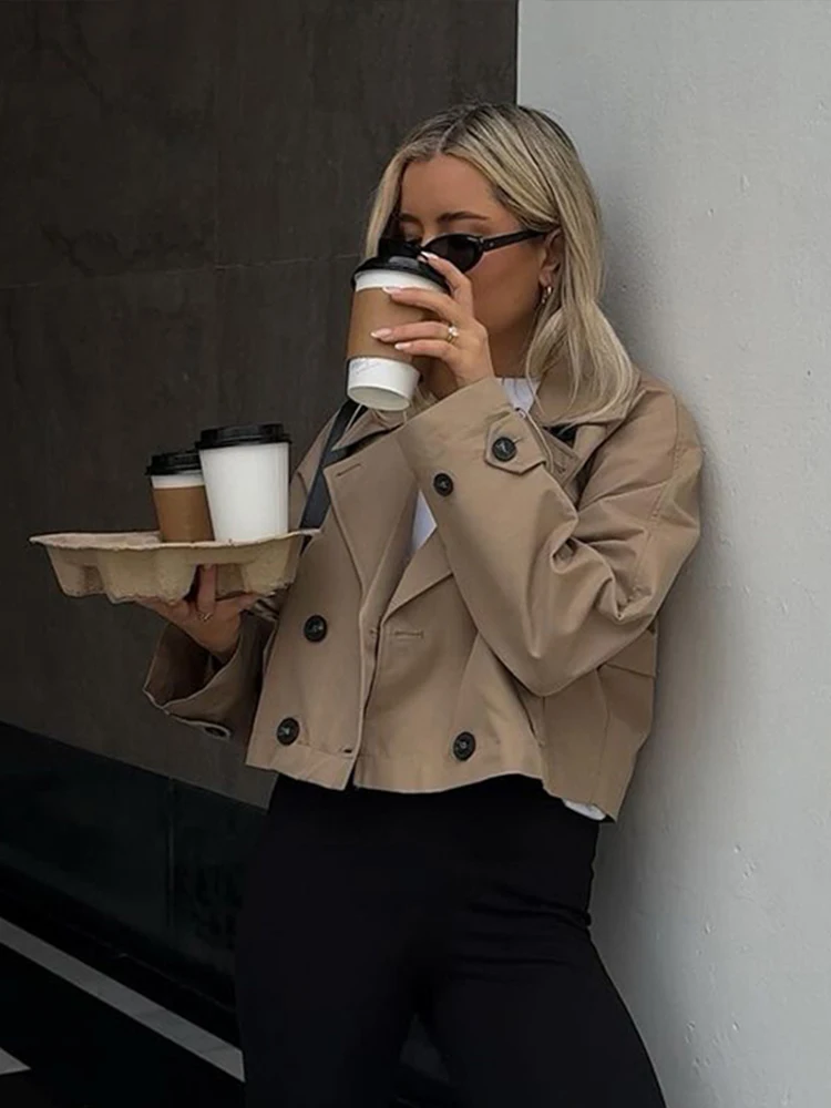 

Elegant Women's Loose Fit Cropped New In Jackets Coat Double Breasted Short Outerwear Autumn Chic Office Female Streetwear Coats