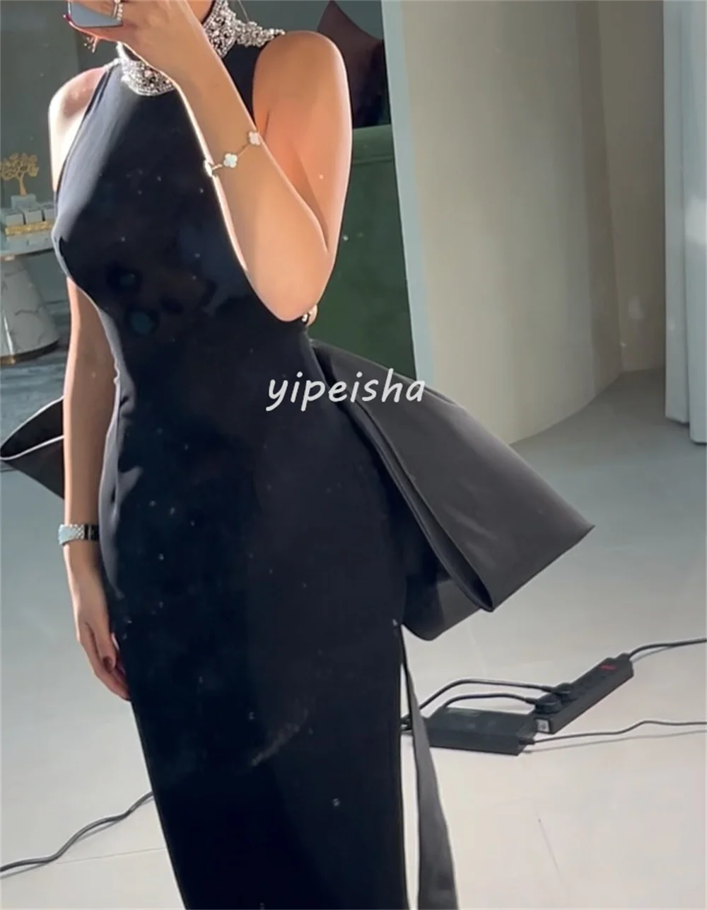 Customized Intricate Jersey Bow Beading Sequined Straight High Collar Midi Dresses Bespoke Occasion Dresses Sizes Available Sexy