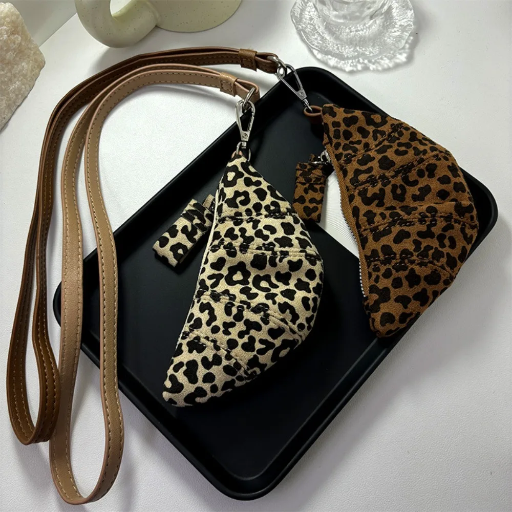 Creative Suede Leopard Print Hanging Neck Bag Y2K Croissant Necklace Card Holder Handbag Mini Storage Bag Outdoor