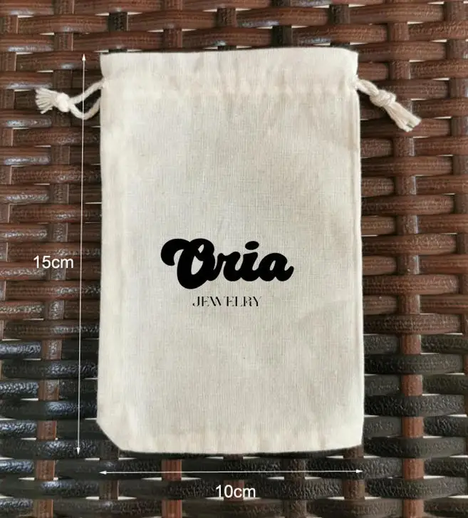 200 Pieces 10x15cm Drawstring Cotton Gift Pouches Screen Printed With Black Logo Customized Logo