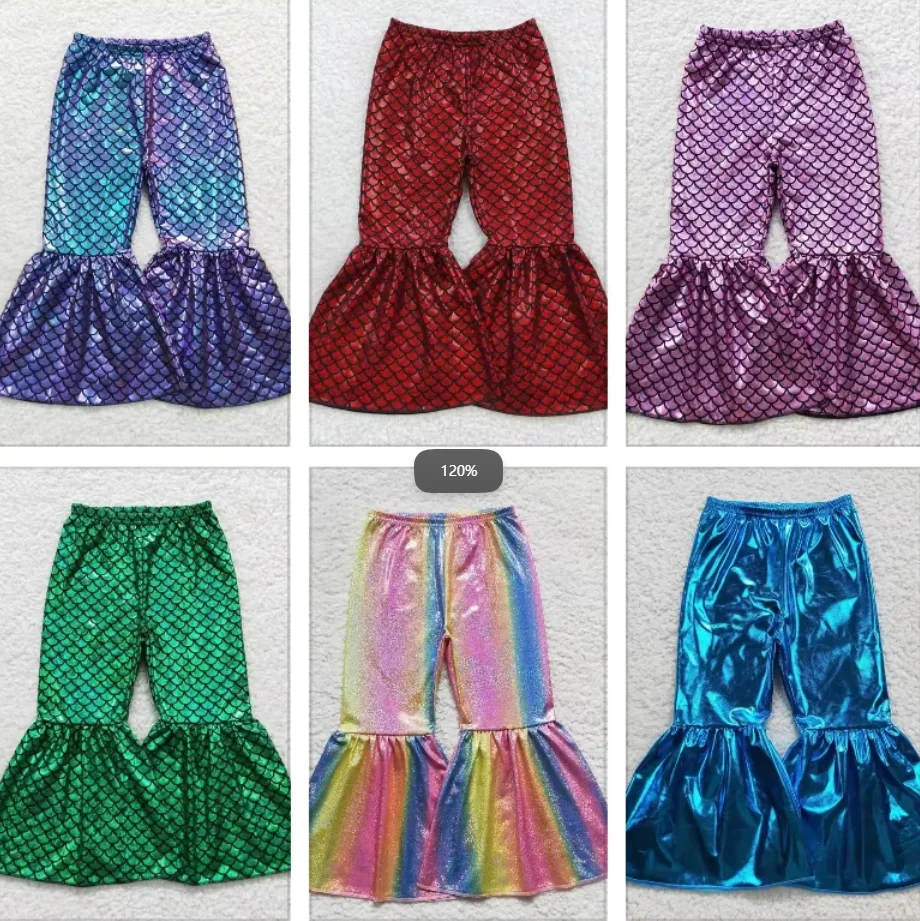 

Girls Mermaid Scale Pants Skinny Elastic Waist Trouser Children Flared Bell Bottom Pants