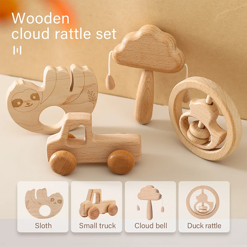 4Pcs Baby Wooden Wooden Rattle Beech Bear Hand TeethingToys Natural Wooden Ring Baby Rattle Montessori Toy Car Newborn Gift