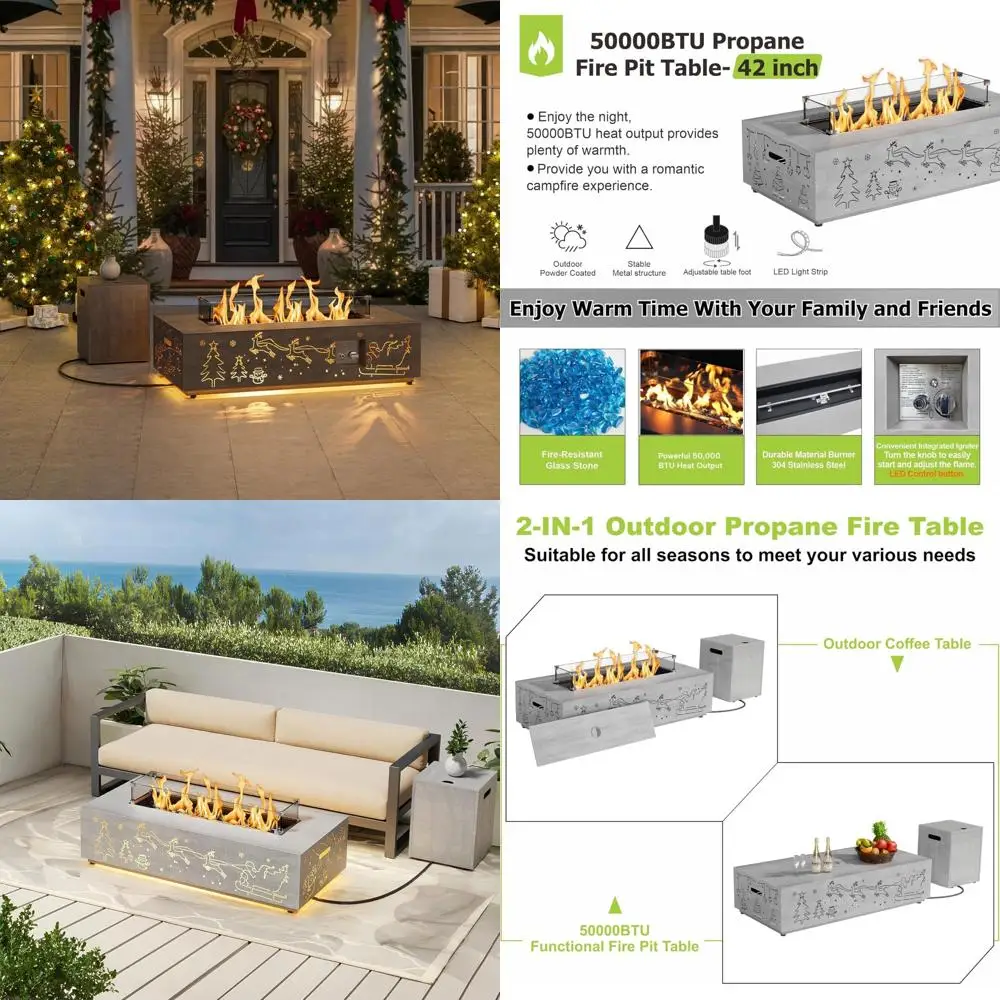 

Высокопроизводительный пропановый стол для костра с рождественским вырезом и светодиодной подсветкой — 50 000 БТЕ, ветрозащитное стекло, крышка Inclu