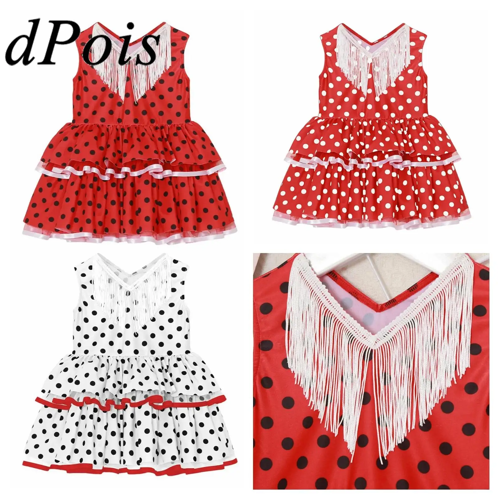 6M-5 Girls Flamenco Costume Spanish Polka Dot Cake Dress Cute V-neck Tassel Mesh Layered Spain Dance Party Performance Gown