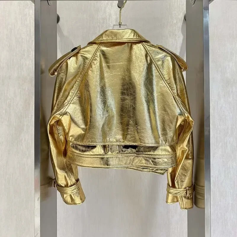 Giacca da donna in vera pelle dorata, manica corta con spalle scoperte, colletto rovesciato, cappotto alla moda primavera autunno