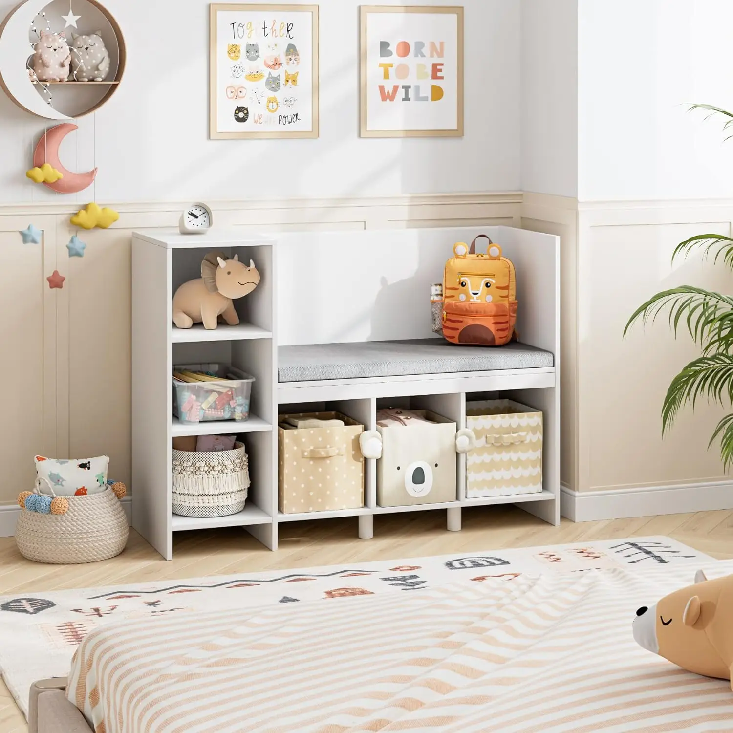 43.3" Kids Reading Nook Bench, Nursery Bookshelf and Bookcase with Seat Cushion, 6-Cubby Book Shelf Storage Organizer fo