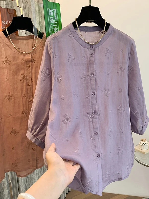 ريترو مطرز القطن الكتان اللون فضفاض عادية irt المرأة حجم كبير سبعة أرباع Sve زر الوقوف طوق مفتوح...