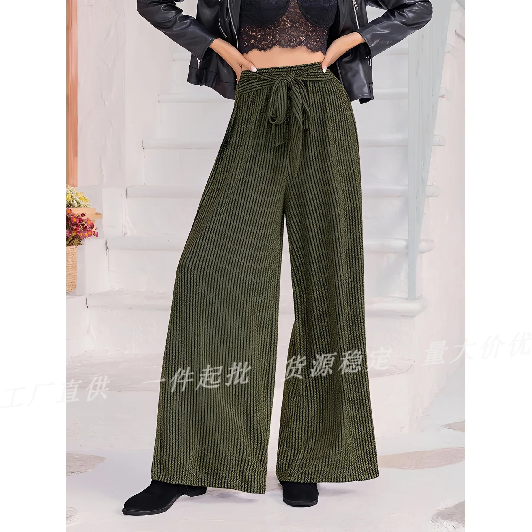 High Waist Slimming Pants Drape Textured Ribbed Trousers Casual Loose Fit Wide Leg Slacks Elegant Premium Comfy Culottes