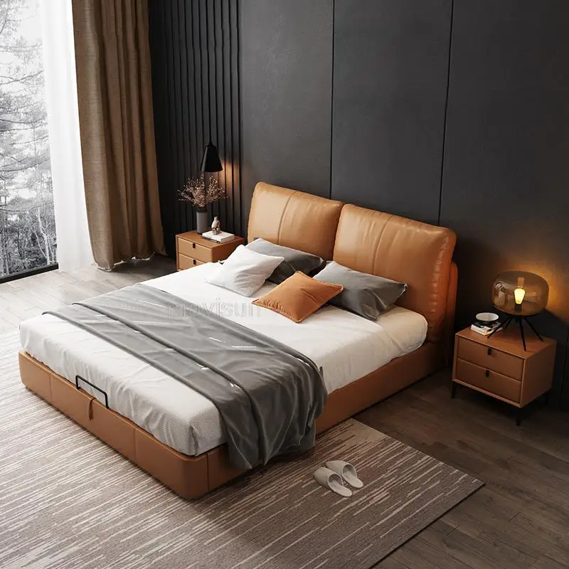 Hot Sale Villa Italian Style Soft Leather Double Bed Solid Wood Frame Custom Bed Sets Bedroom Hotel Home Furniture