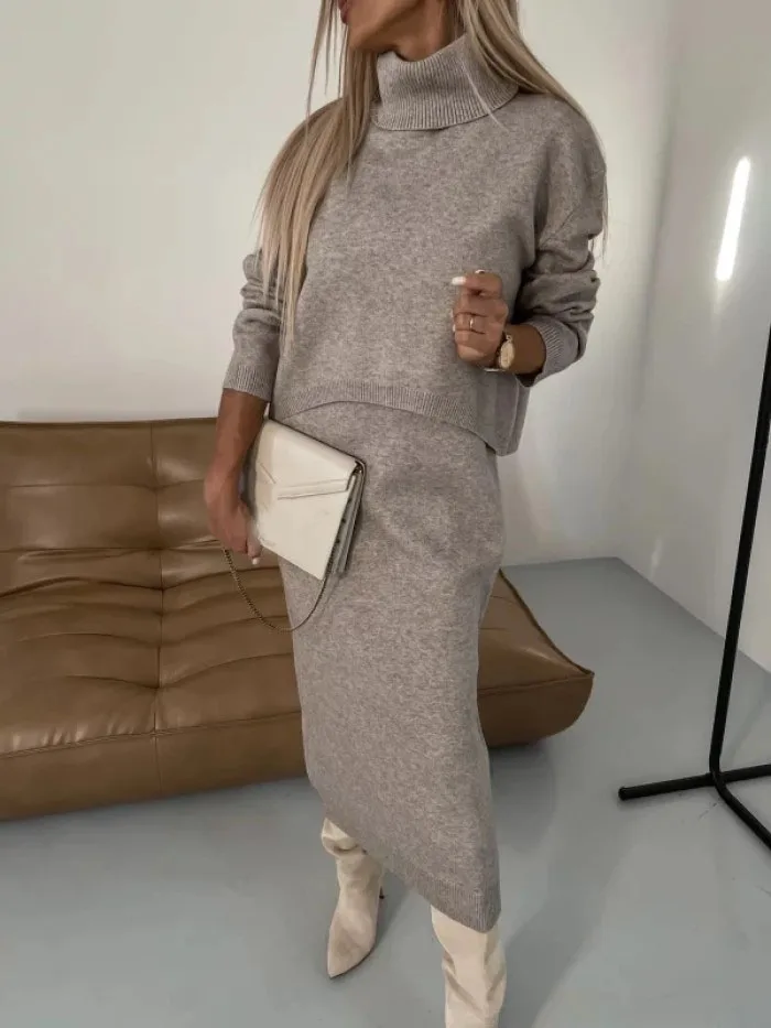 

Fashion Knitted 2 Piece Set Autumn New Loose Turtleneck Solid Color Sweater High Waist Long Skirt Suit Elegant Women Clothing
