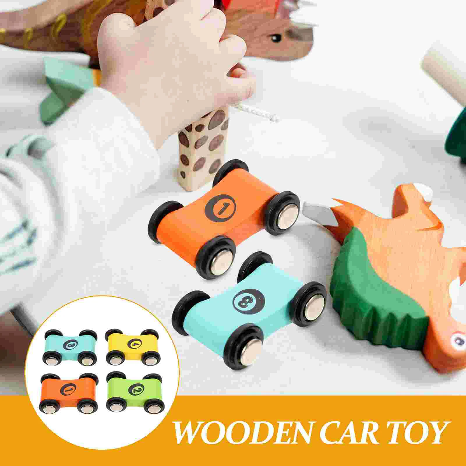 4 Uds Mini coche de juguete de madera pistas de carreras para niños pequeños vehículos de juego educativos modelos coches con rieles bicicletas