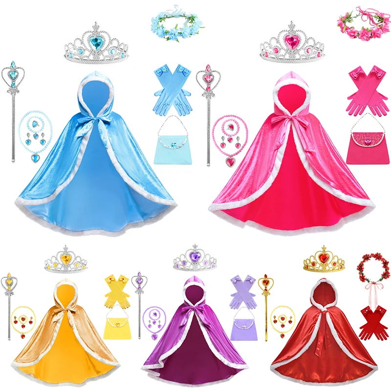 

Fantasia Girl Princess Dress Up Hooded Cloak Halloween Christmas Children Cosplay Snow Queen Party Masquerade Warm Velvet Cape