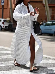 Modigirl White Dress Women 2025 Summer Autumn Long Sleeves Buttoned Split-Side Striped Lapel Casual Women's Long Maxi Dresses