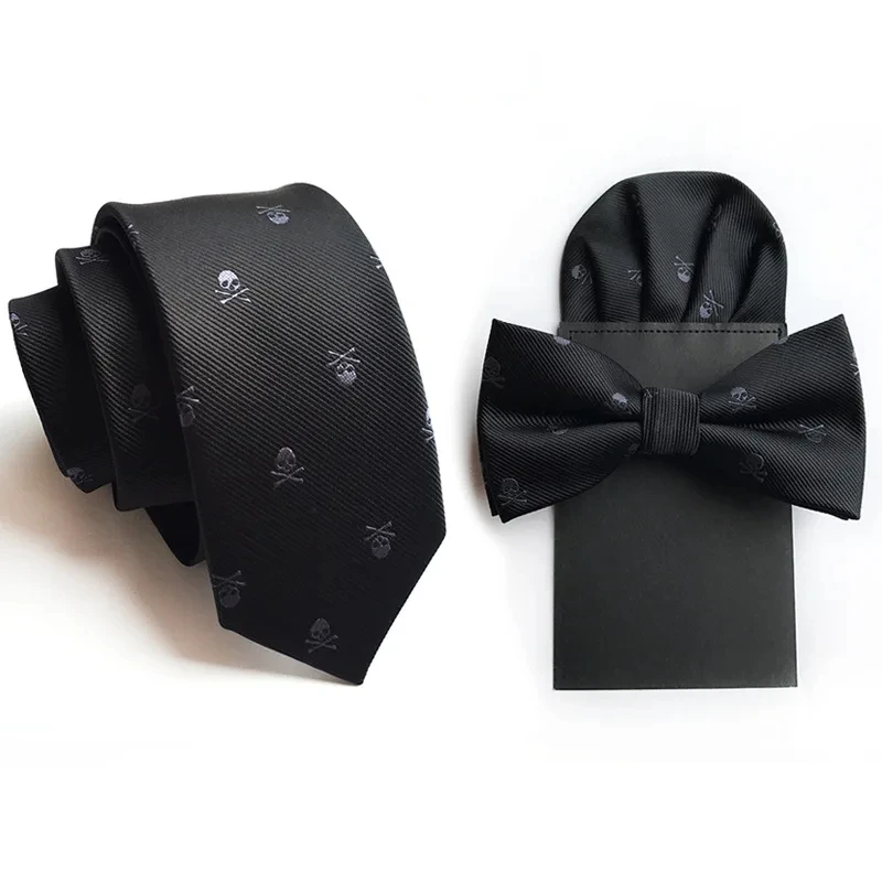 

Gentleman Accessories Tie Hanky Bowtie Suit New Men's Necktie Black Skull Pre-tied Pocket Square Handkerchief Three-piece 6cm