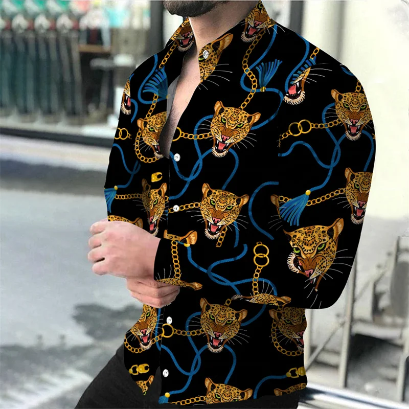 Men\'s party fashion long-sleeved shirt new 3D lion HD animal print lapel button shirt S-6XL Hawaiian casual cardigan street wear