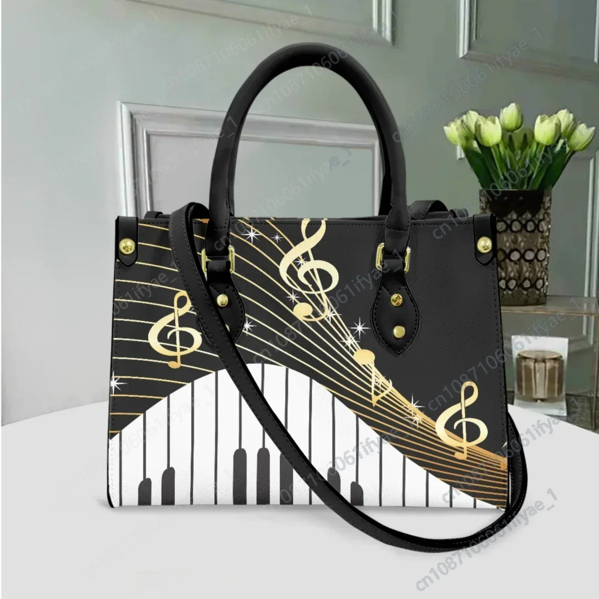 Piano Music Pattern Handbag Luxury Gold Note Printing Fashion Outdoor Pu Shoulder Bag Ladies Girl Casual Large Capacity Tote Bag