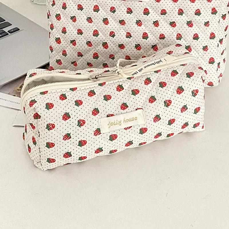 Chic Floral Pencil Case Student Girl Aesthetic Vintage Flower Strawberry Cat Pencil Bag High Capacity Stationery Storage Bag