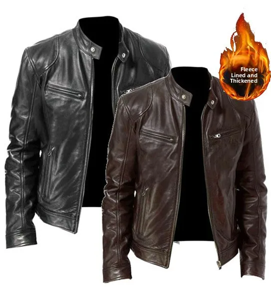 

Warm Fleece Lined Business Gentleman's Winter Zipper Cardigan Thickened PU Leather Jacket Slim Fit Leather Coat Py31