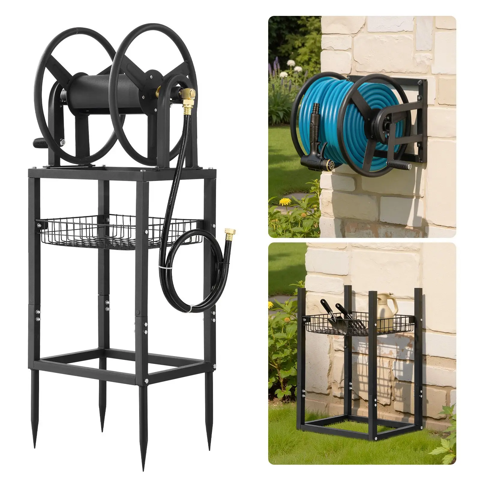 Wall Mounted Garden Hose Reel, Holds 200 Feet of 5/8-inch Hose, Outdoor Heavy-Duty Waterhose Holder Winder, with Brass