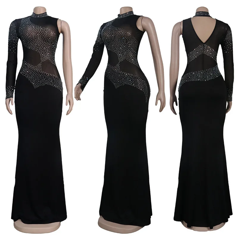 Sexy Crystal Rhinestone Bodycon Maxi Dress Women Wedding Evening One Sleeve Mesh See Through Patchwork Night Party Club Dresses