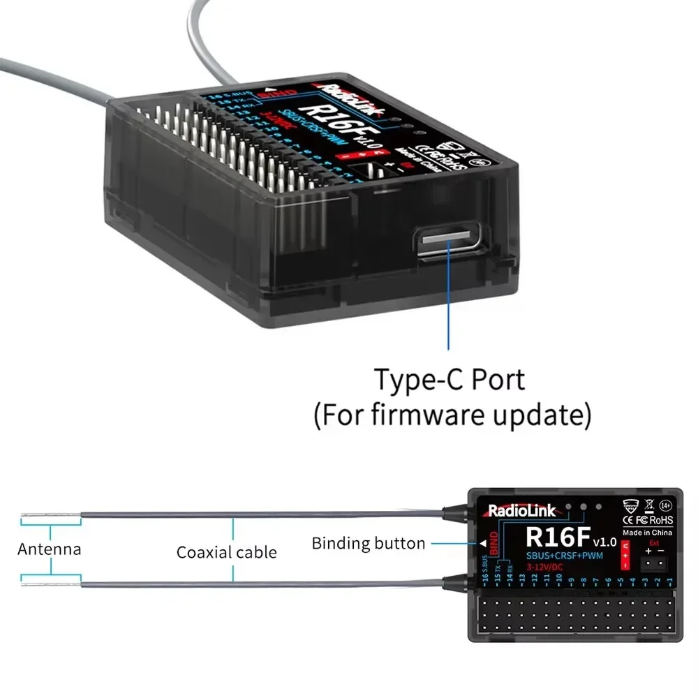 Radiolink R16F RC receptor 16 canales 2,4G giroscopio transmisión de voltaje de coche telemetría 600m de largo alcance RX para RC coche barco avión