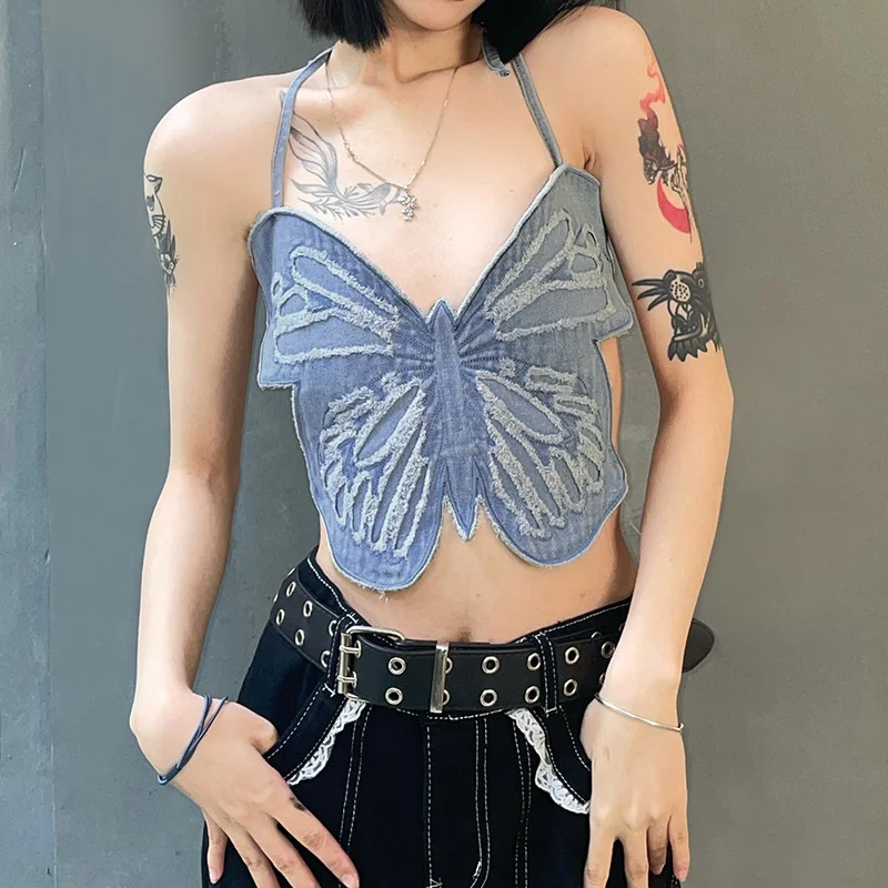 

Butterfly Jeans Crop Top Backless Strap Camis Sexy Blue Cute Party Sweats Women Beach Holiday Mini Vest Summer Tee