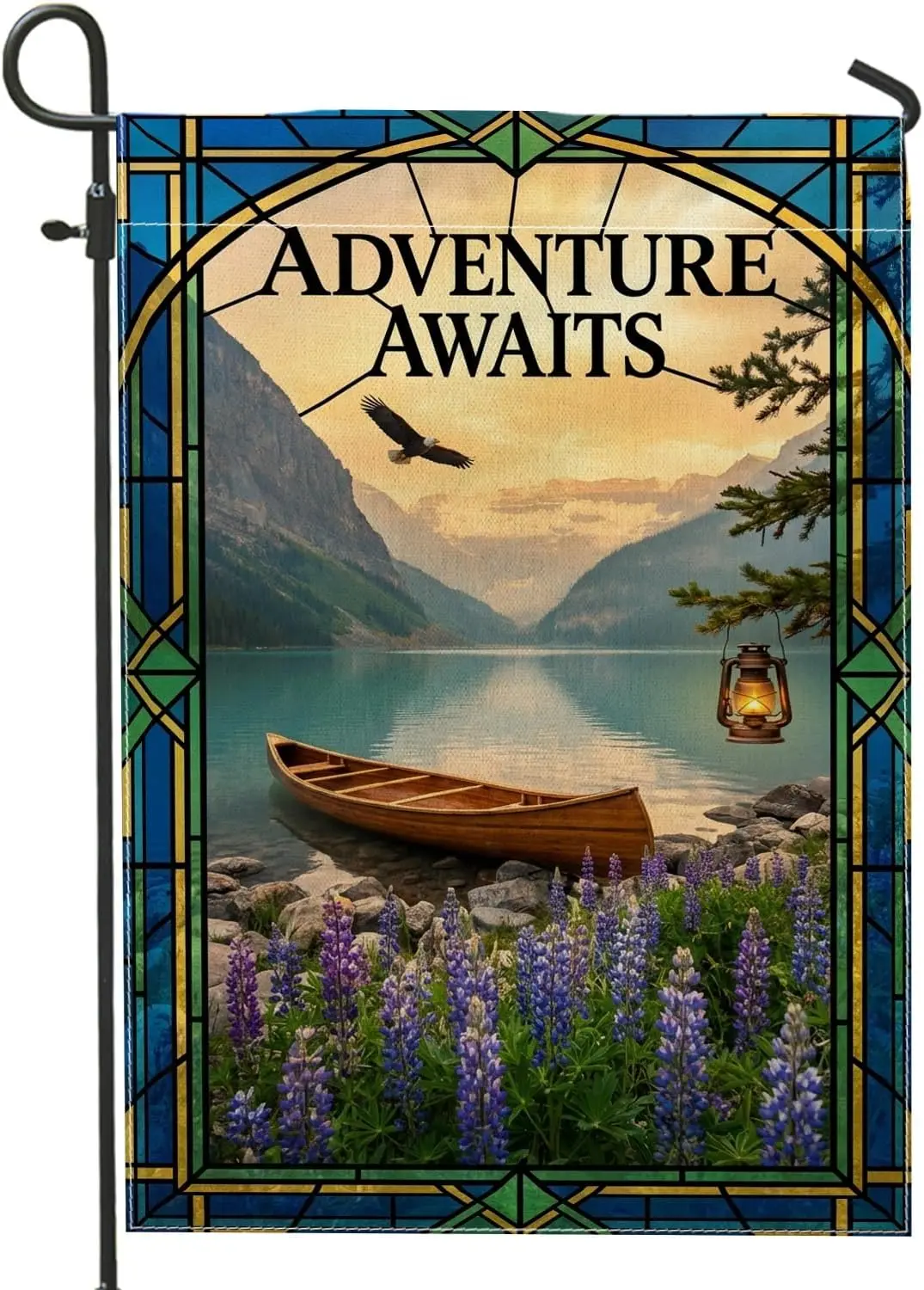 Lantern Garden Flag, Nature Adventure Canoe Mountains Summer Blue Burlap Double Sided Small Garden Yard Flag for Outdoor Pat yyi