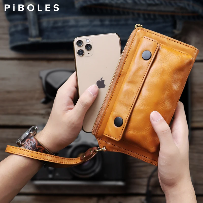 Vintage Genuine Leather Clutch Wallet Men Long Leather Phone Bag Purse Male Large Size Handy Coin Wallet Card Holder Money Bag