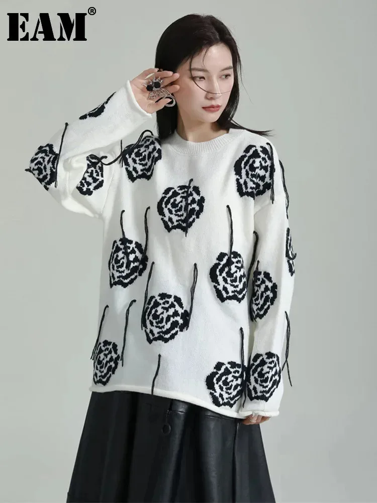 [EAM] Wihte Flower Big Size Knitting Sweater Round Neck Long Sleeve Women Pullovers New Fashion Tide Spring Autumn 2024 1DF5110