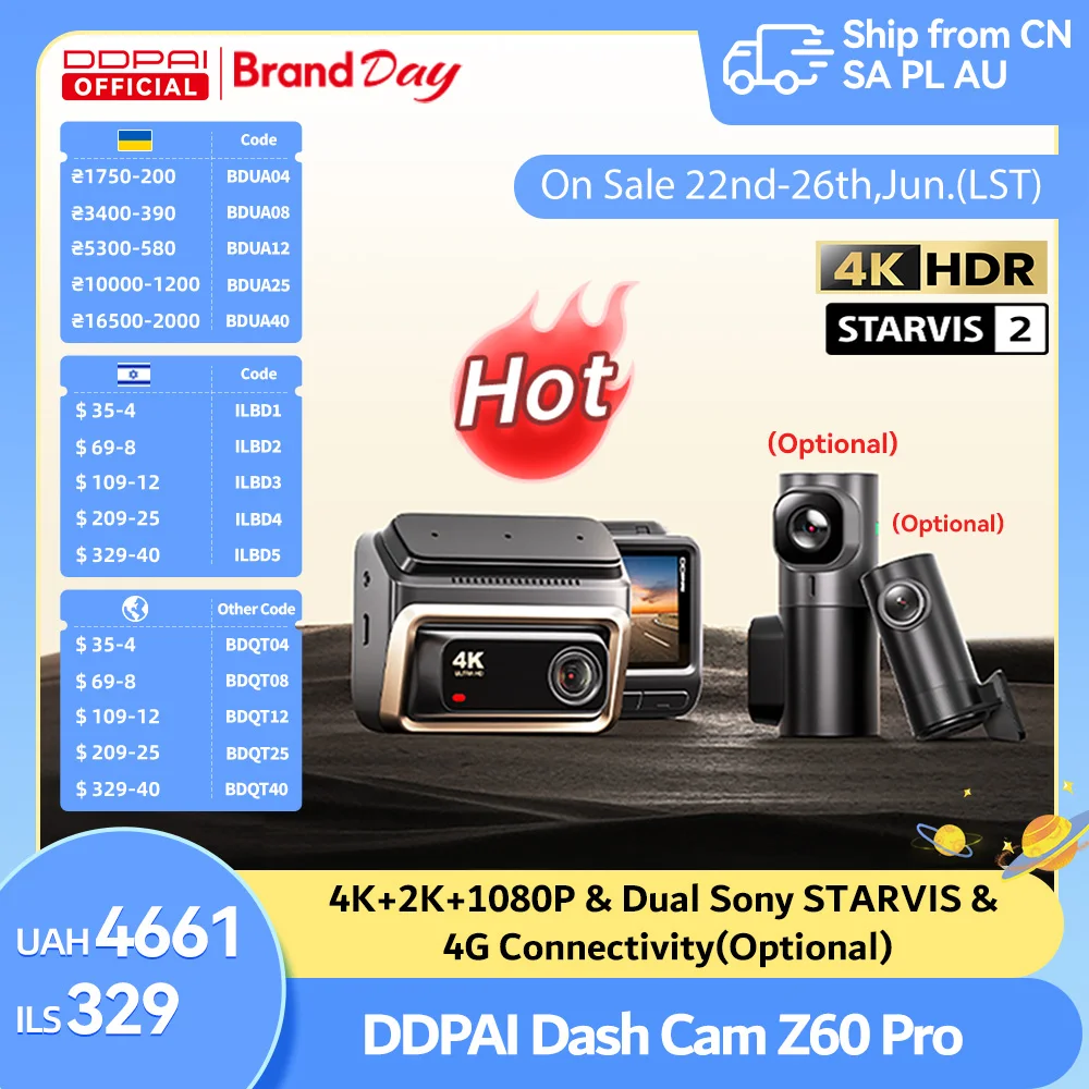 DDPAI Z60 Pro 4K Dash Cam Auto Dashcam Front GPS Car Camera for Dual SONY Sensor WiFi ADAS Night Vision DVR Video Recorder