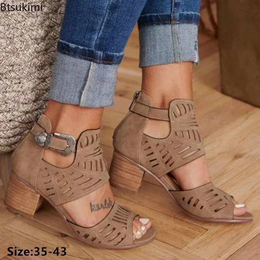 

2025 Women's Summer Hollow Out Sandals Mid Heel Slip-on Buckle Ladies Shoes Artificial Open Toe Club Party Pumps Sandalias Woman