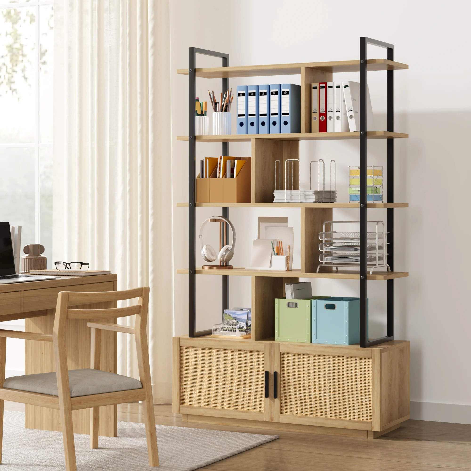 5 Tier Rattan Bookshelf with Storage Cabinet Door 71.1 Inch Tall Industrial Book Shelf with Open Display Shelves for Living Room