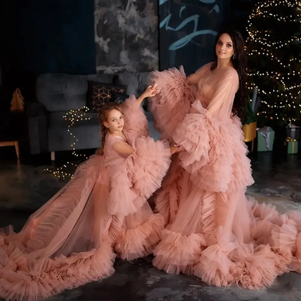 

Pink Fluffy Mesh Robe Dress for Mother and Daughter Christmas Party Maternity Photoshoot Bathrobe Puffy Sleeve Long Wedding Dres