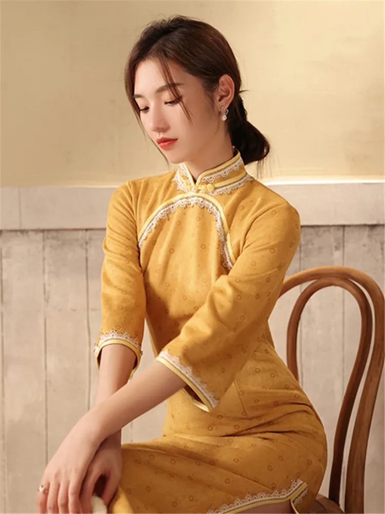 

Yellow Qipao Slim Modern New Improve Chinese Dress Women Vintage Fashion Ethnic Style Traditional Harajuku Female New Cheongsam