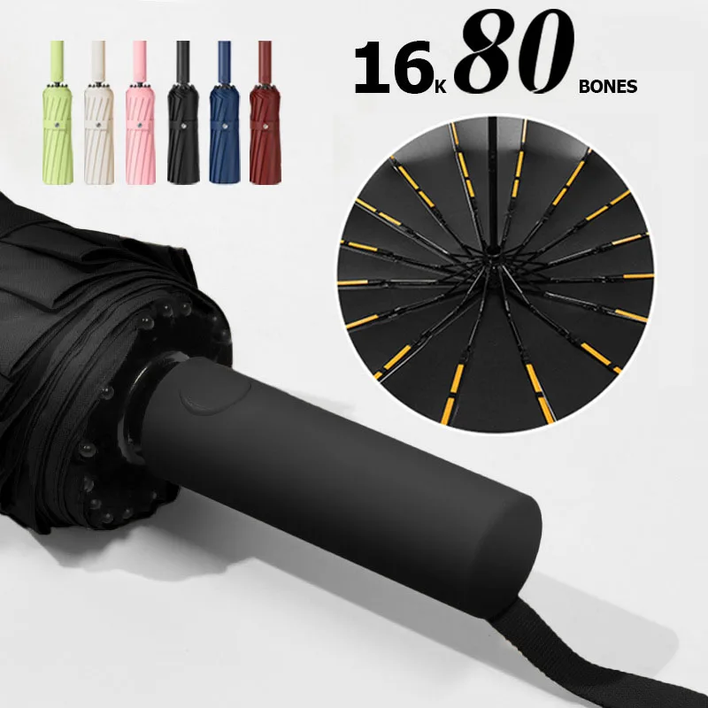 Large Windproof Fold UV Umbrella for Men Women Fully Automatic Waterproof Sunproof UV Umbrella Rain Strong 16K Black