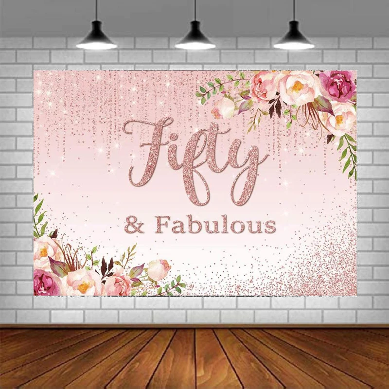 

50th Birthday Photography Backdrop Fabulous Floral Golden Dots for Women Portrait Photo