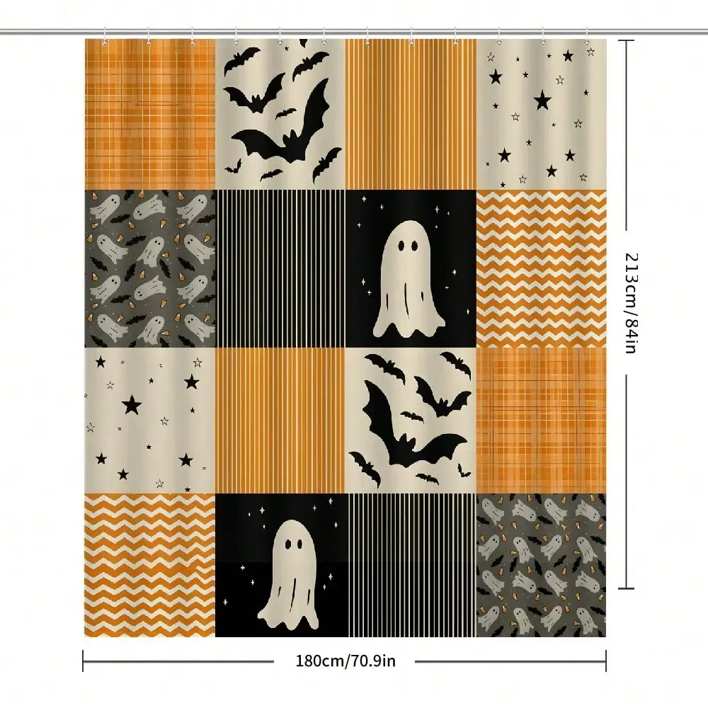 1Pc Halloween Patchwork Ghosts And Bats Shower Curtain | Orange Black Pattern Shower Curtain Polyester, Bathroom Decor Shower Curtain Gifts