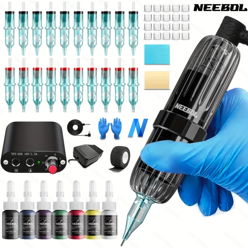 

Neebol Tattoo Machine Kit Complete, Wired Tattoo Gun, Rotaty Tattoo Pen, 20 Cartridge Needles, 7 Tattoo Inks, Tattoo Supplies and Equipment for Beginners and Artists, Body Art Makeup Gift