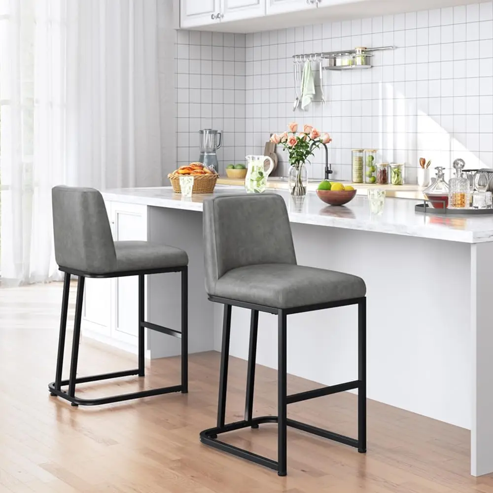 24'' Bar Stools Set of 2, Leather Counter Height Bar Stools, Gray